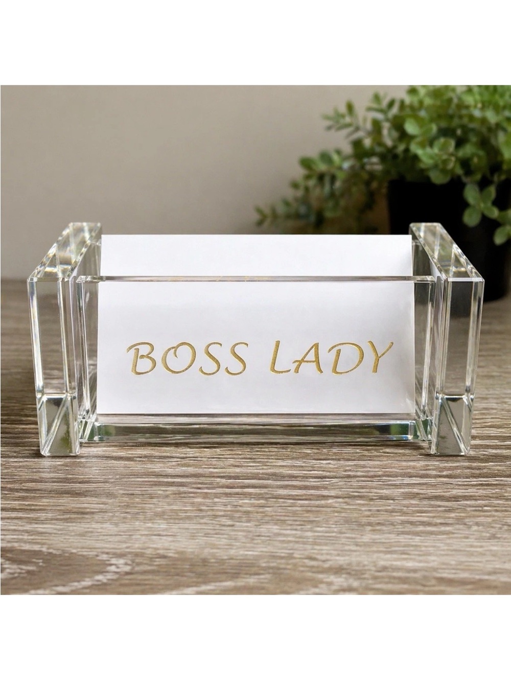 Crystal Business Card Holder Etched “Boss Lady” Gold NEW